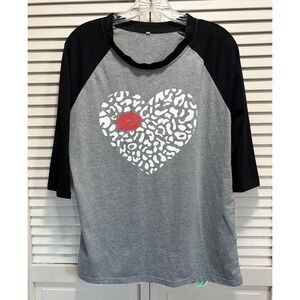 Reglan‎ Cheetah Heart Lips Graphic 3/4 Sleeve Shirt Round Size L Gray/Blk